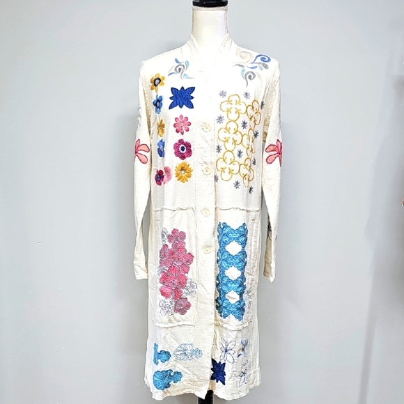 BIYA by Johnny Was Gracen Mix Sweater Cream Duster Knit W/Colorful Embroidery - Picture 1 of 13